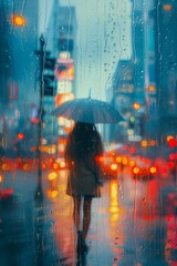 On a rainy day in the downtown of a modern city, the view from behind captures a woman walking with an umbrella, braving the rain-soaked streets