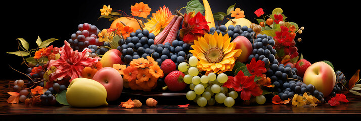 A stunning arrangement of seasonal fruits, including berries, melon, and citrus, on a decorative platter with a floral pattern.