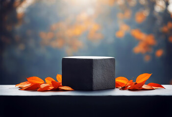 'Stone leaves mockup dark fall pedestal background Product splay orange template design minimal poduim empty black dais stage autumn modern'