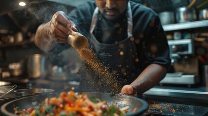 Closeup a chef sprinkling spices powder on food at dish in kitchen restaurant. AI generated image
