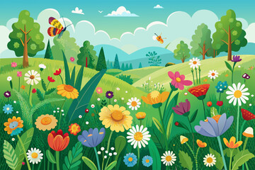 Fototapeta premium A lush green meadow dotted with colorful wildflowers, buzzing with bees and butterflies in summer