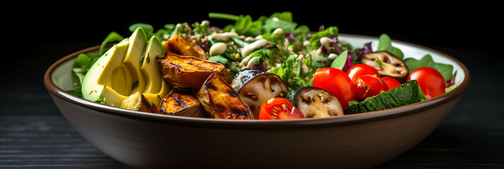 A vibrant and healthy salad with quinoa, roasted vegetables, and a tangy tahini dressing, presented in a modern bowl.