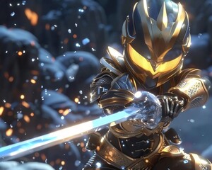 A cinematic image of a golden and black alien hunter with a sword, charging towards the camera on metallic silver ice liquid