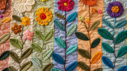 A rainbow of handembroidered flowers and leaves adorn a cloth growth chart complete with natural elements for measurement markers..
