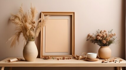 A replica of an empty wooden picture frame is suspended on a beige wall. Table with dried flowers and a bohemian-shaped vase. A coffee cup. Working place, home office. artwork and poster displays. con