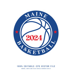 Maine basketball text logo vector. Editable circle college t-shirt design printable text effect vector	