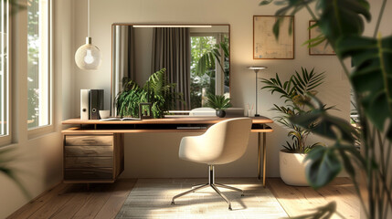 Fototapeta na wymiar A modern home office with a sleek desk and ergonomic chair, accented by a large, minimalist mirror reflecting the space's clean lines.