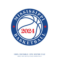 Mississippi basketball text logo vector. Editable circle college t-shirt design printable text effect vector	