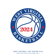 West Virginia basketball text logo vector. Editable circle college t-shirt design printable text effect vector	