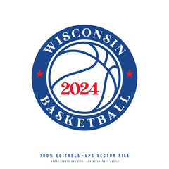Wisconsin basketball text logo vector. Editable circle college t-shirt design printable text effect vector	
