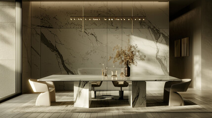 A modern dining room featuring a sleek, marble table and a dramatic chandelier as the statement piece.