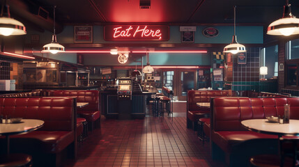 A retro diner-style kitchen, red vinyl booths, and a single neon sign proclaiming 