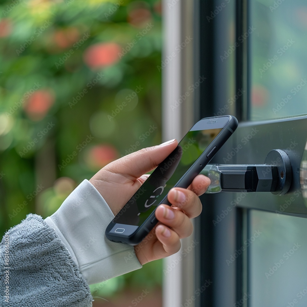 Aufkleber closeup on a smart lock being accessed remotely via smartphone, enhancing home security with iot tec
