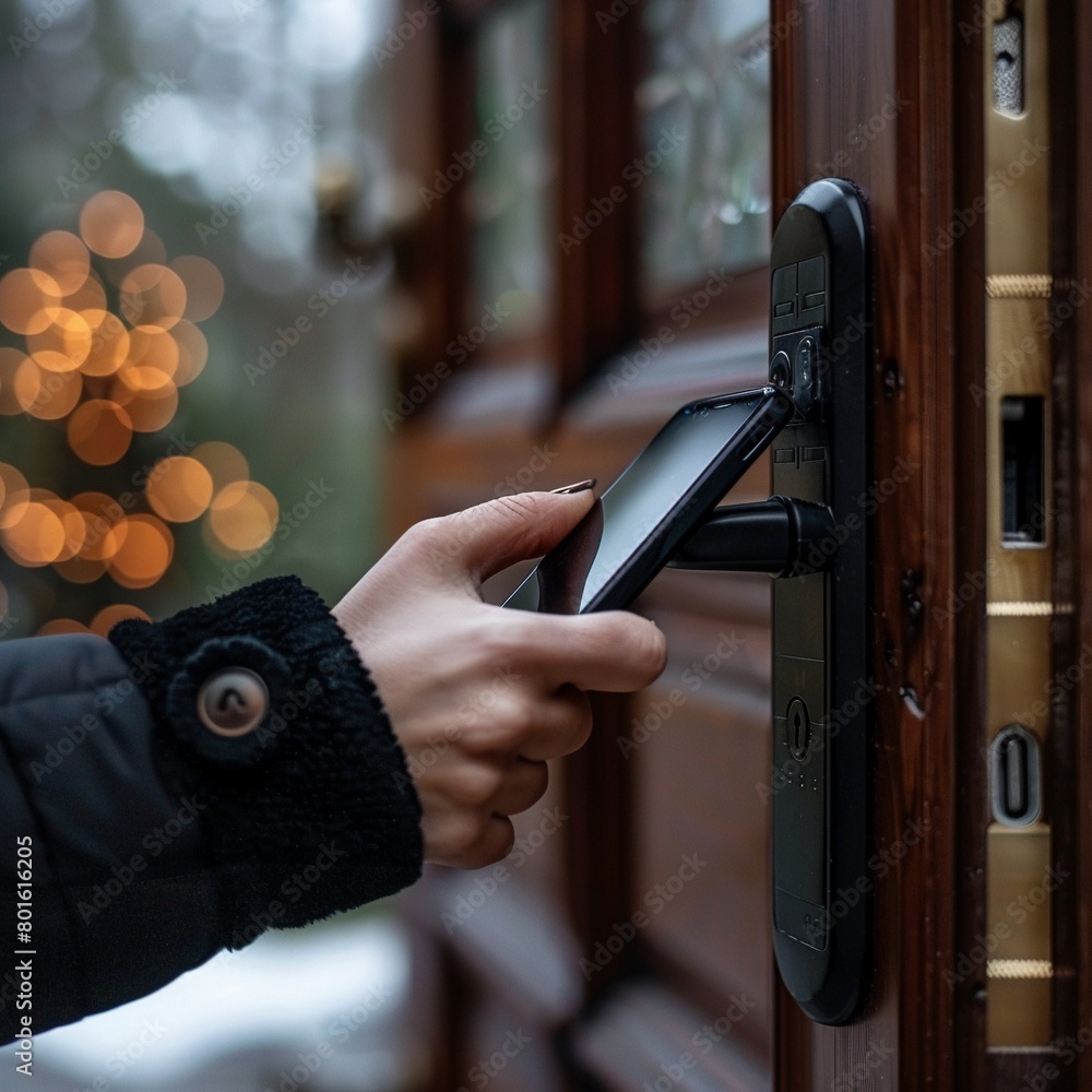 Poster closeup on a smart lock being accessed remotely via smartphone, enhancing home security with iot tec