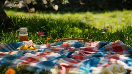 A captivating image of a checkered picnic blanket, its vibrant colors and patterns setting the stage for a delightful outdoor gathering on International Picnic Day. - Powered by Adobe