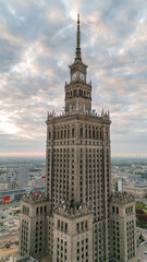 aerial view of the palace of culture and science in warsaw in poland at dawn in spring