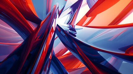 An abstract design with a dynamic mix of sharp geometric shapes and smooth curves in striking cobalt blue and vivid red, captured with a high-definition camera-like quality