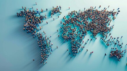 Diverse group of people standing in the exact formation of a world map on the ground, depicting continents and major geographical features.