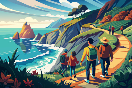 A group of friends hiking along a rugged coastal trail, with dramatic ocean views and crashing waves below