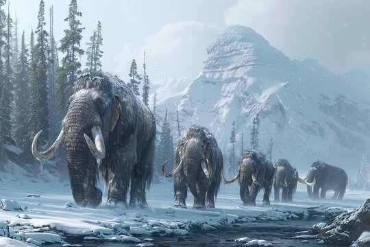 Witness the grandeur of a Woolly Mammoth standing tall against a backdrop of a frozen waterfall, its tusks gleaming in the icy light
