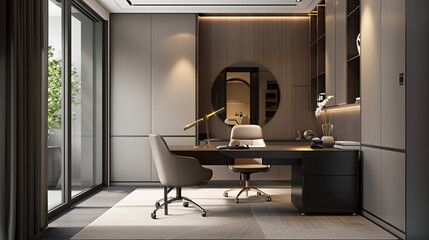 A modern home office with a sleek desk and ergonomic chair, accented by a large, minimalist mirror reflecting the space's clean lines.
