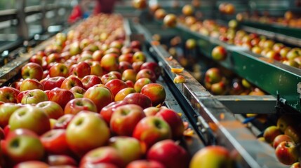 Closeup apple fruits wait in package processing in food factory. AI generated image