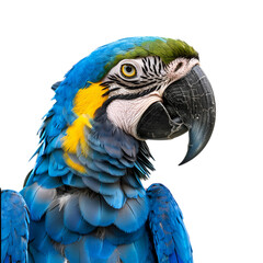 Fototapeta premium Half body portrait of an endangered blue macaw parrot in a close up photo, Isolated on Transparent Background, PNG