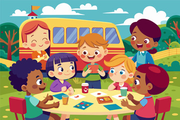 A group of children playing a card game on the school bus, teamwork and fun combined