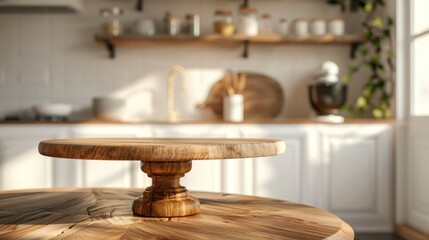 Closeup wooden podium pedestal display product on the kitchen table interior design. AI generated