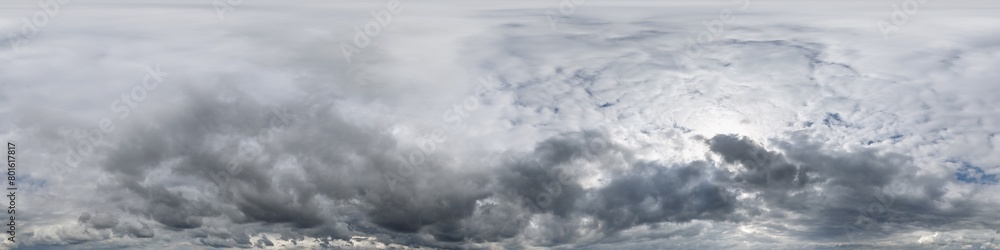 Wall mural gray sky hdri 360 panorama with dark clouds before storm in seamless projection with zenith for use 