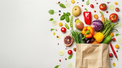 Brown paper bag with vegetables and fruits healthy food delivery on white background. AI generated