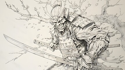 Abstract ink drawing of a samurai. Japanese style art.