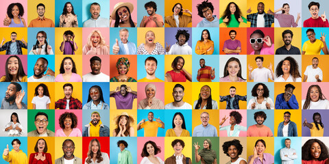 A cheerful grid of diverse individuals all radiating happiness with their bright smiles against...