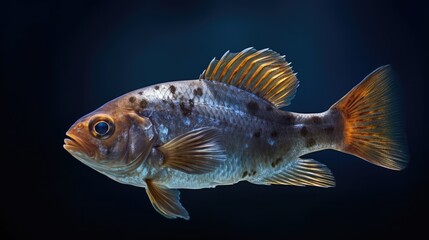Fototapeta premium Close-up photo of a fish in water at depth. Realistic illustration of a fish underwater, in the sea, in the river, in the ocean. Fishing, industry. Fish shop, restaurant. Fishing, fish sale poster.