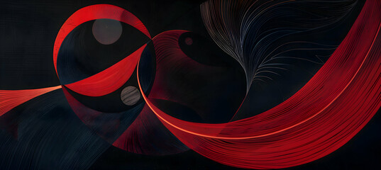 An elegant abstract artwork combining bold geometric patterns with soft, sweeping curves, rendered in deep midnight black and vibrant crimson red