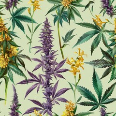 Vintage Botanical Wallpaper: Purple Marijuana Plants and Yellow Flowers