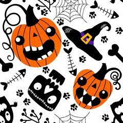 Cartoon Halloween pumpkins seamless ghost and skulls and bones and web and witch hat pattern