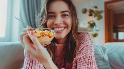 Portrait happy young woman eating healthy breakfast on couch living room at home. AI generated