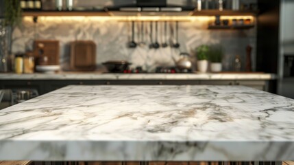 Marble stone table top (kitchen island) on blur kitchen interior background, --ar 16:9