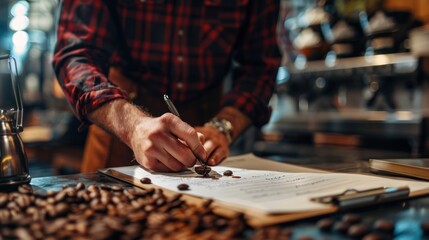 Closeup a human hand signing paper document in a coffee beans roasting factory. AI generated image
