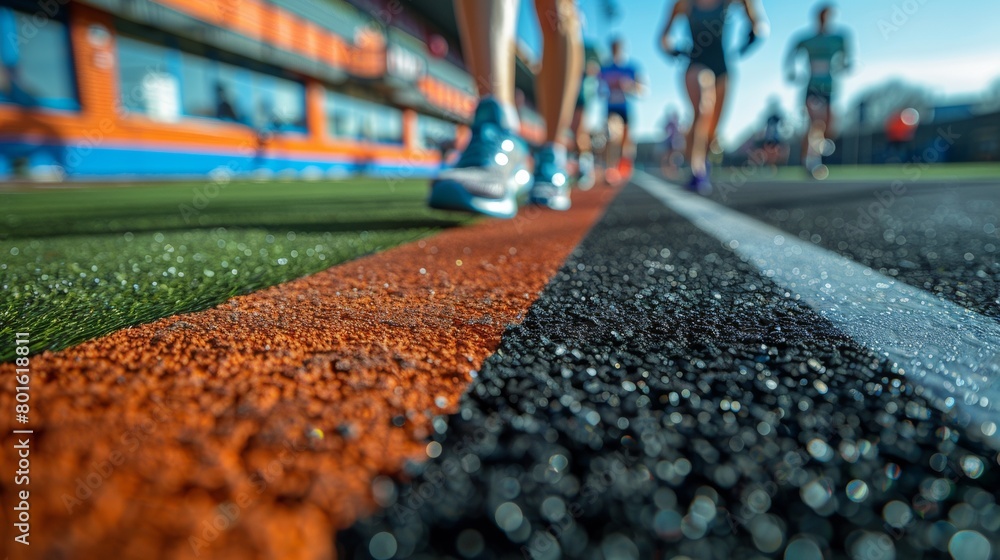 Canvas Prints A group of people running on a track with orange and blue lines, AI