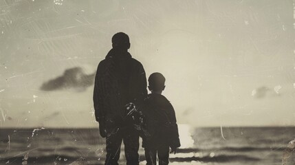 A man and a child standing together on a sandy beach, looking out at the ocean waves under a clear sky. - Powered by Adobe