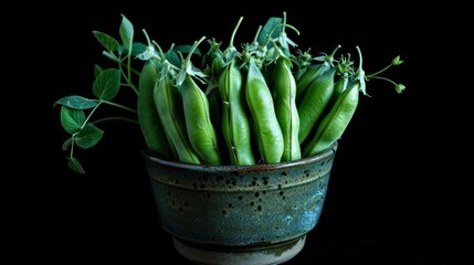 Closeup of group green pods with peas in bowl on dark background. AI generated image