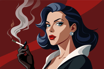 A femme fatale with a smoldering cigarette dangling from her lips, her eyes flashing with mischief as she sizes up her next mark
