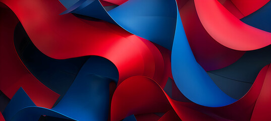 An HD image of a modern abstract wallpaper with soft, swirling lines and geometric accents in vivid red and cobalt blue