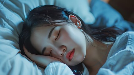 Young Asian woman sleeping on bed in the bedroom at night. AI generated image