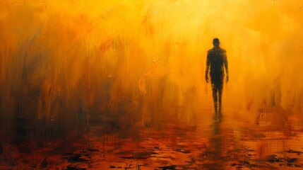 Fototapeta premium A man walking through a foggy forest with the sun behind him, AI