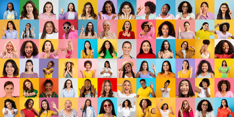 A colorful display of various women from diverse ethnic backgrounds showing happiness and laughter