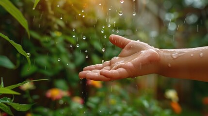 Closeup little kid hand playing while touching rain drop water in the garden outdoor. AI generated