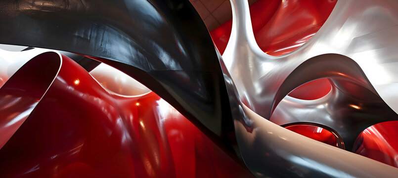 An HD image of a modern art installation with dynamic, fluid shapes and bold contrasting colors of red, black, and white, capturing a sense of motion and complexity